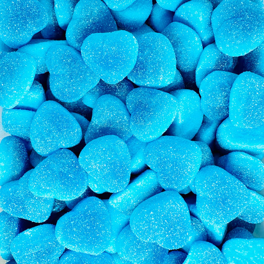 UK Fizzy Blue Raspberry Jelly Filled Hearts 100g
